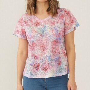 New Bellina Semi Sheer Pastel Leopard Print V-Neck T-Shirt Size Medium bin 4H